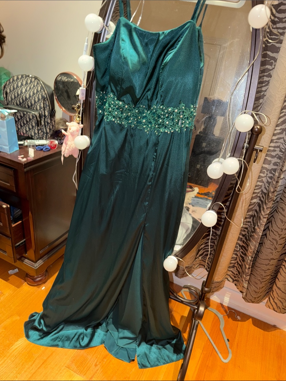 Macy's Emerald Green Satin Beaded Waist Spaghetti Strap Prom Gown